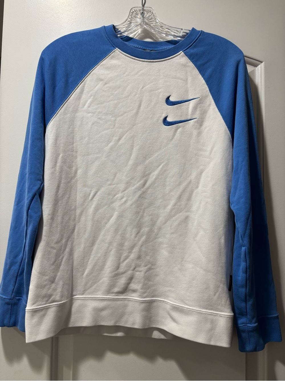 Nike White & Blue Double Swoosh Raglan Crewneck